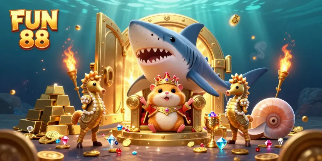 Experience excitement at FUN 88 as the golden hamster king rules in a treasure-filled casino scene.
