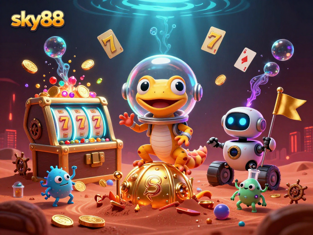 Experience the excitement of sky88 with a Martian gecko uncovering a hidden casino filled with treasures.
