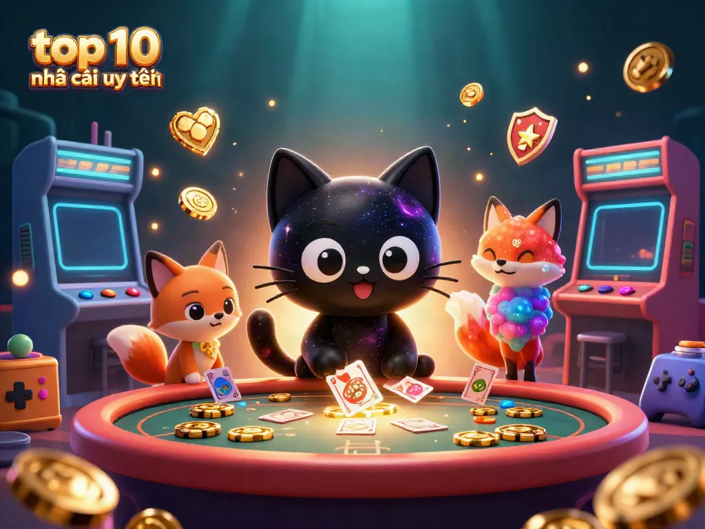Engage with top 10 nhà cái uy tín in a vibrant cosmic casino setting featuring a whimsical black hole cat and colorful characters.