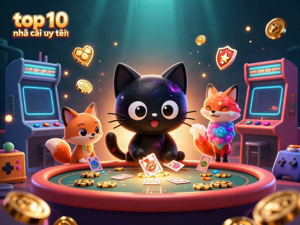 Engage with top 10 nhà cái uy tín in a vibrant cosmic casino setting featuring a whimsical black hole cat and colorful characters.
