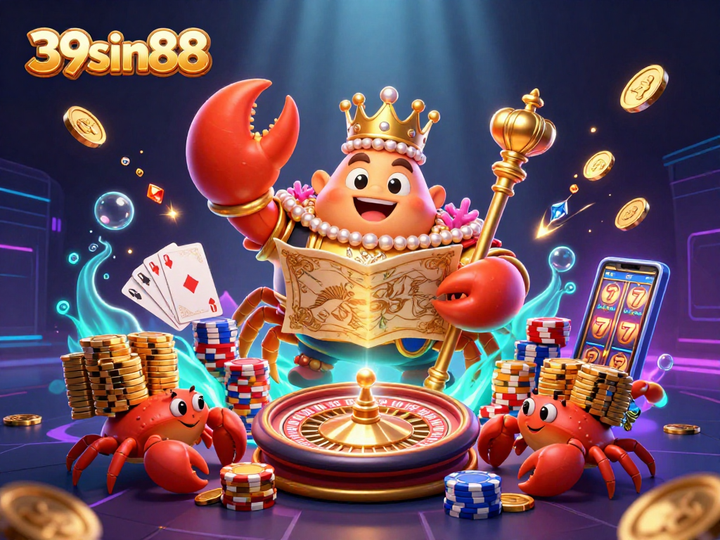 Engage in exciting gameplay with the 39sin88 golden crab emperor amid cascading coins and lively casino elements.