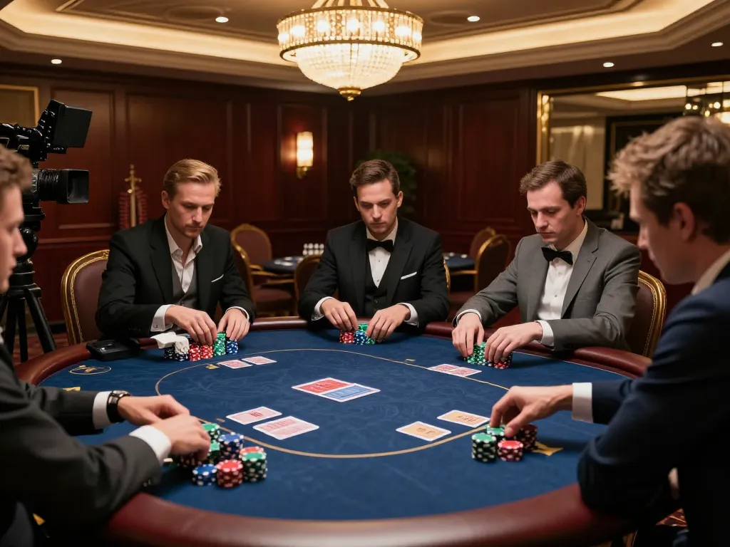 Engaged players strategizing at the poker table in 78WIN casino, showcasing high-stakes gameplay.