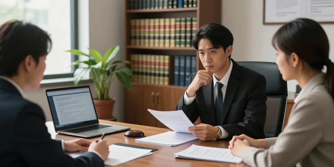 Criminal lawyer reviewing documents with a client, creating a review-focused atmosphere in a professional office setting.