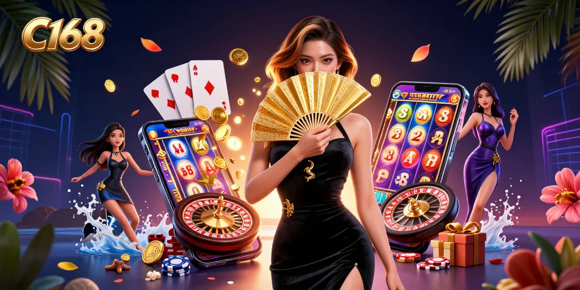 C168 integrates thrilling casino elements with a captivating Asian woman amidst vibrant slot games and golden coins.