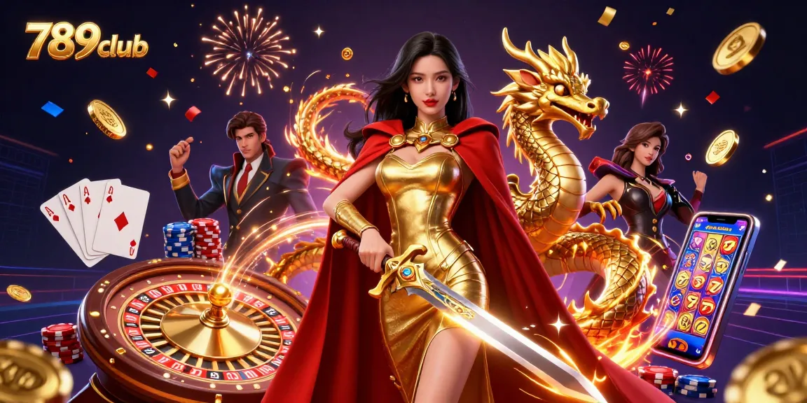 Engage in thrilling gameplay at 789club with a captivating scene showcasing a warrior queen surrounded by casino elements.