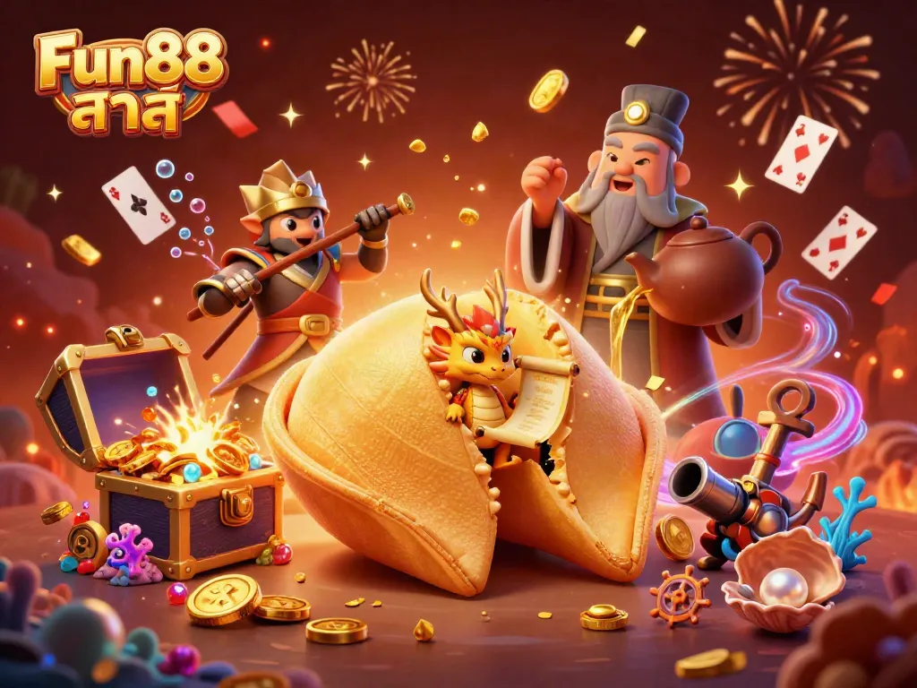 Discover captivating elements of Fun88 ล่าสุด as a wise dragon reads fortunes in a golden cookie amidst an exciting casino scene.