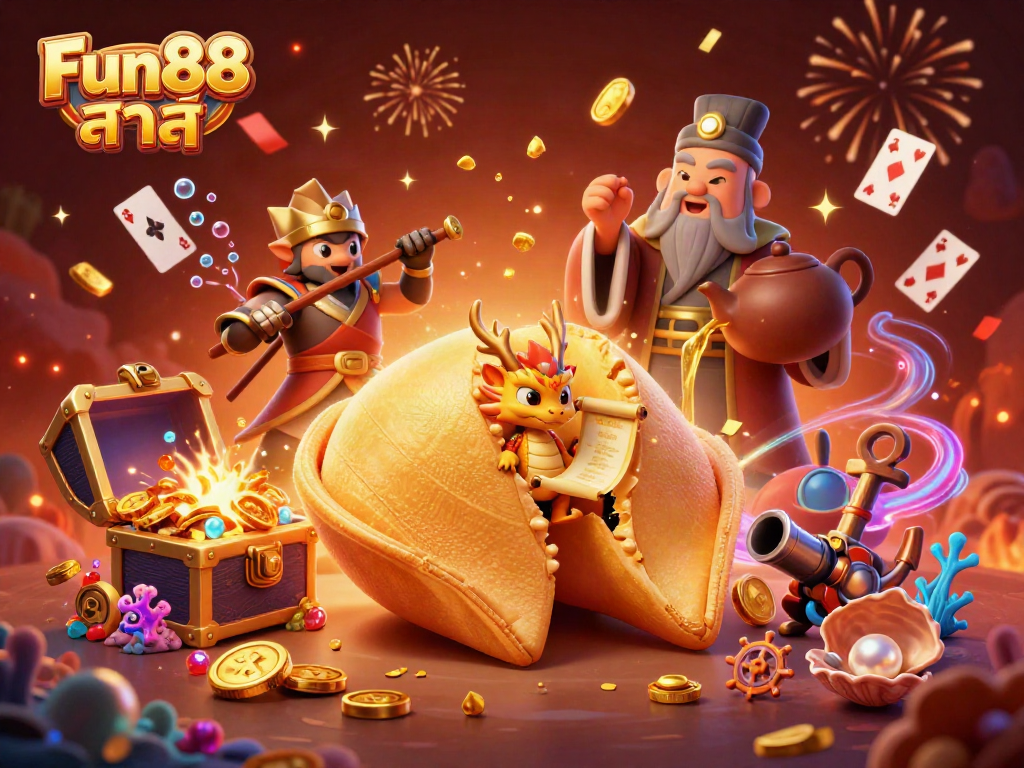 Discover captivating elements of Fun88 ล่าสุด as a wise dragon reads fortunes in a golden cookie amidst an exciting casino scene.