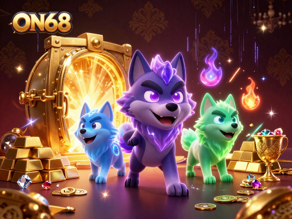 Experience the thrill of ON68 with the spectral wolf pack and glowing treasures in a vibrant casino scene.