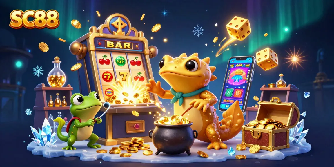 SC88 offers thrilling jackpots with a 3D alchemist scene showcasing gold coin magic and exciting slots.