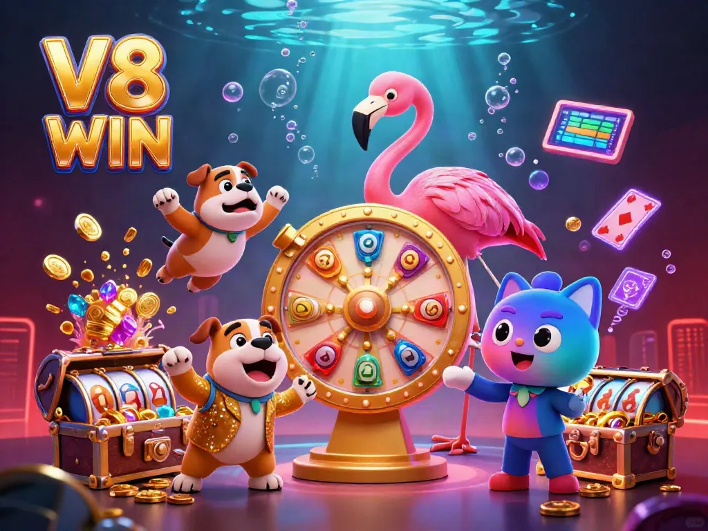Spin and win exciting prizes with V8 WIN in a vibrant casino illustration.