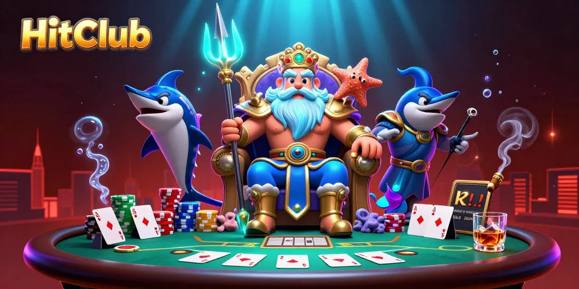 HitClub players winning big at a vibrant casino scene featuring Neptune and poker elements.