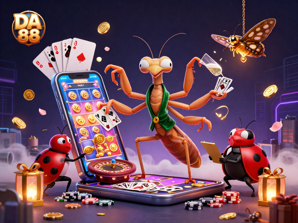 DA 88 showcases a praying mantis card sharp and ladybug pit boss amidst vibrant casino action.
