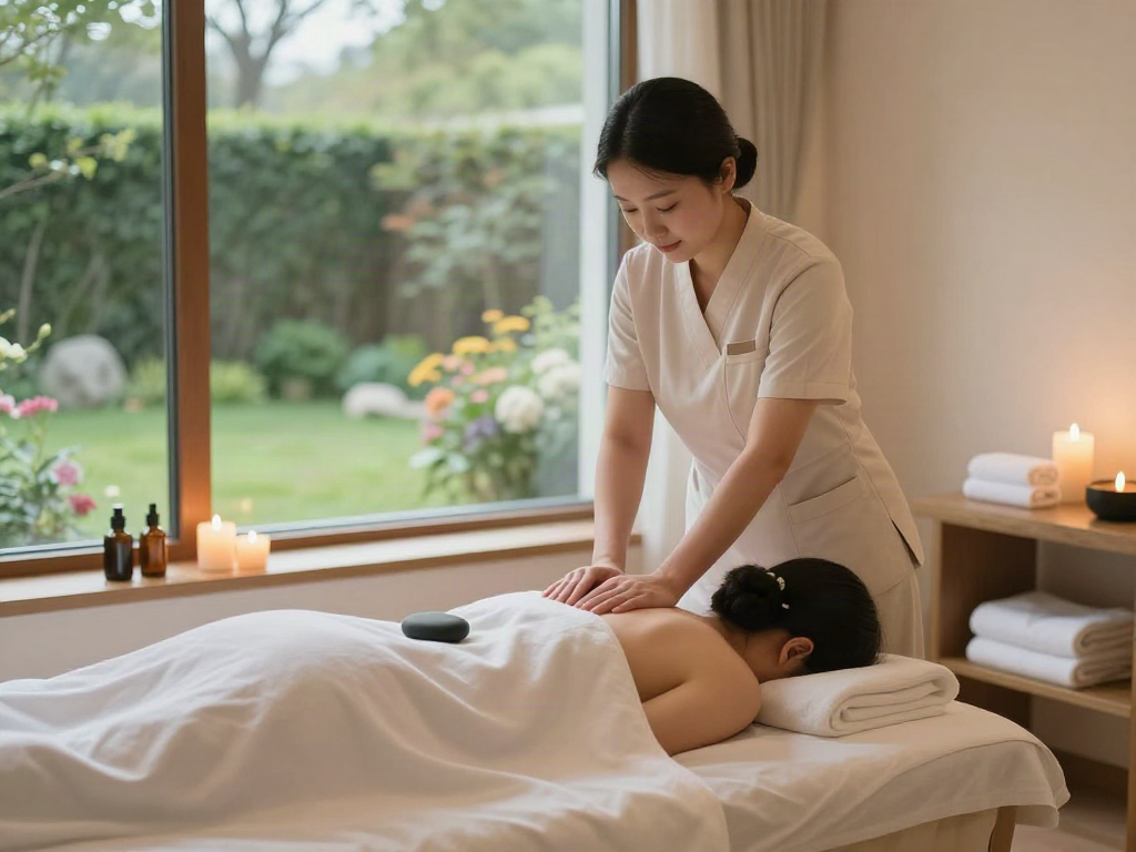 A tranquil spa scene demonstrating 화성출장안마 with a professional therapist providing a soothing massage in a serene massage room.