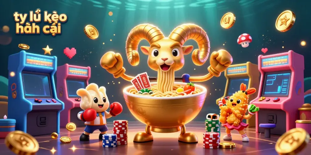 Engage with the vibrant scene of tỷ lệ kèo nhà cái featuring a golden ramen bowl character dealing cards amidst casino-themed game elements.