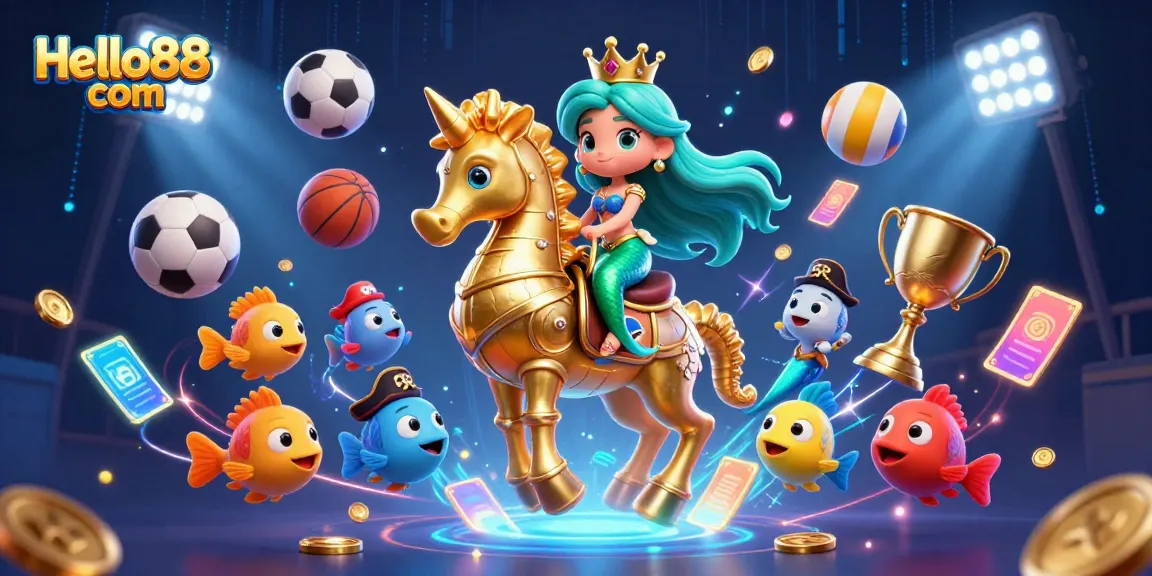 Engage in thrilling fun at Hello88 com with a lively casino-themed illustration featuring a vibrant mermaid prince and sports elements.