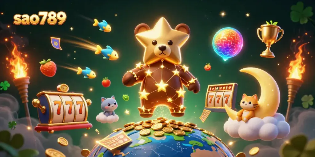 Swooping through a vibrant gambling scene, the constellation bear scoops coins for sao789, illuminated by dynamic slot symbols.