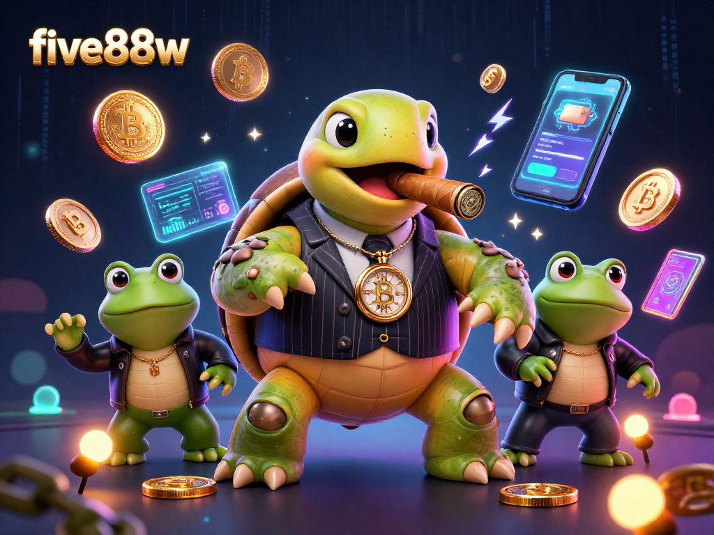Join the fun at five88w with a vibrant 3D turtle mobster surrounded by crypto casino elements.