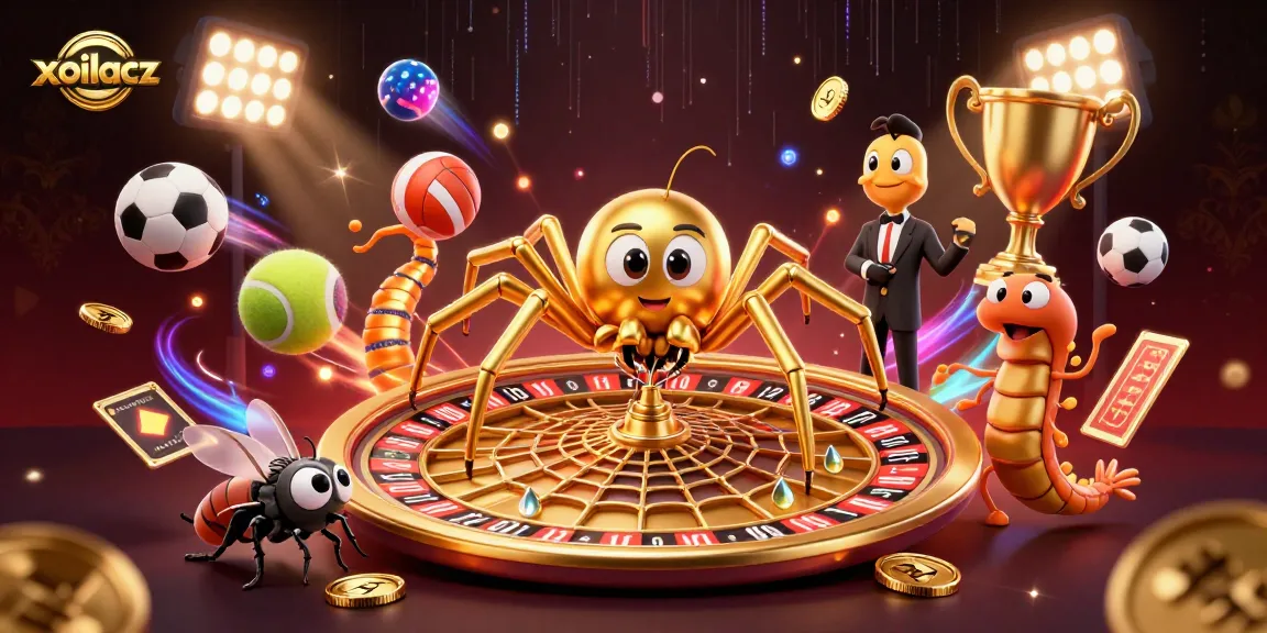 Xoilacz spins a vibrant casino scene with a golden spider, centipede dealer, and sports elements.