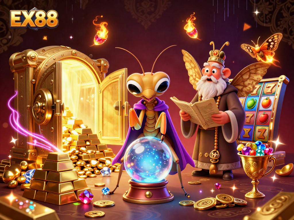 Experience the magic of EX88 with a dynamic casino scene featuring mystical characters and rich gaming elements