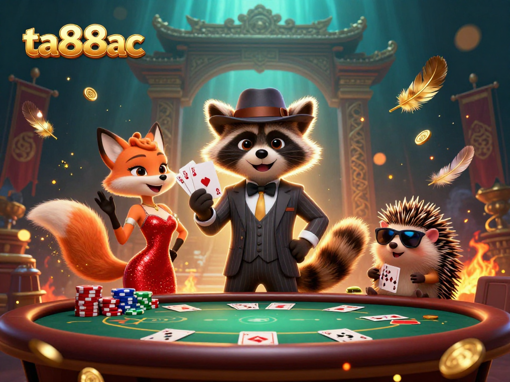Experience ta88ac with our suave raccoon and charming fox in this vibrant casino scene.