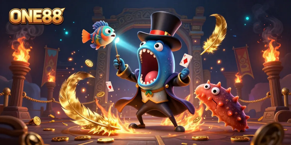 Experience the excitement of ONE88 with a vibrant 3D illustration featuring unique sea creatures performing thrilling magic.