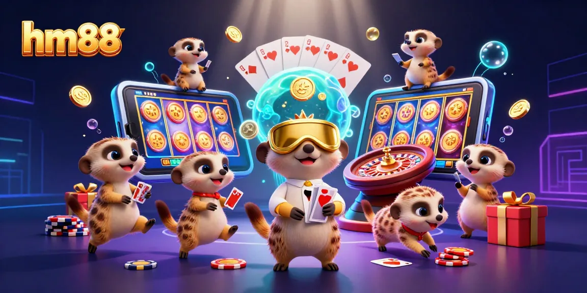 Experience the excitement of hm88 with meerkats managing a vibrant casino scene full of games and fun.