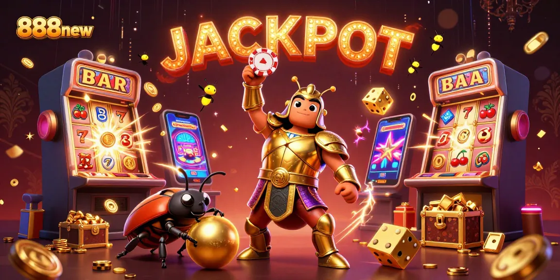Win big with 888new at a vibrant casino scene featuring a victorious beetle lifting a poker chip.