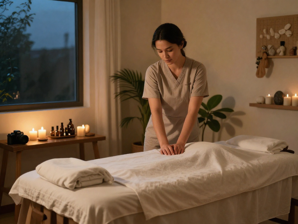 출장안마 session in a calming indoor massage room with warm lighting.