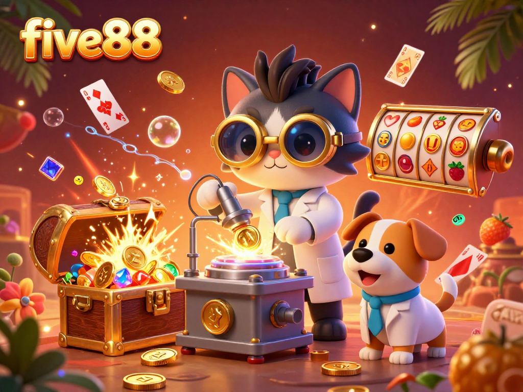 Win big with five88 in a vibrant animated casino illustration featuring dynamic game elements!