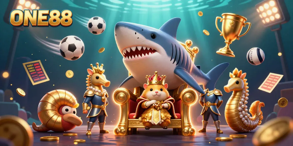 Experience ONE88 with a thrilling scene featuring a golden hamster king and dynamic sports elements.