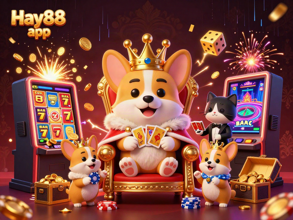 Experience the excitement of the Hay88 app with a vibrant casino scene featuring a royal corgi and dynamic gaming elements.