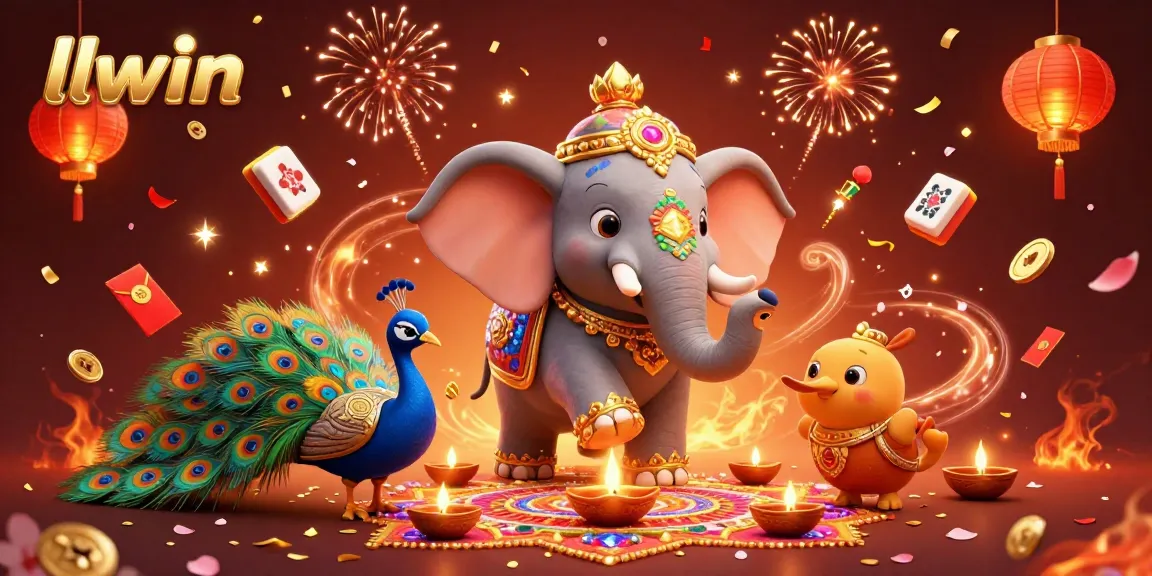 Experience thrilling gameplay at llwin, enhanced by a vibrant 3D illustration featuring dynamic characters and festive elements.