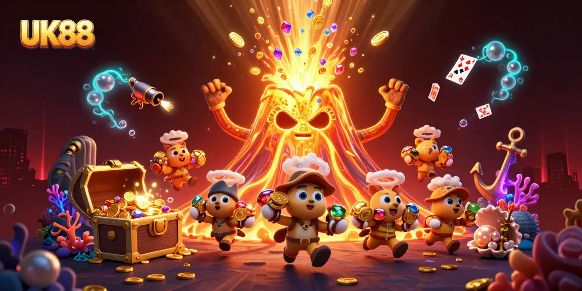Experience the thrill of winning with UK88's exciting gaming adventures amidst treasure and colorful elements.