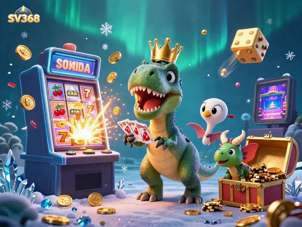 Experience the thrill of SV368 with a 3D illustration of a T-Rex, pterodactyl, and triceratops amid a jackpot explosion and casino elements.