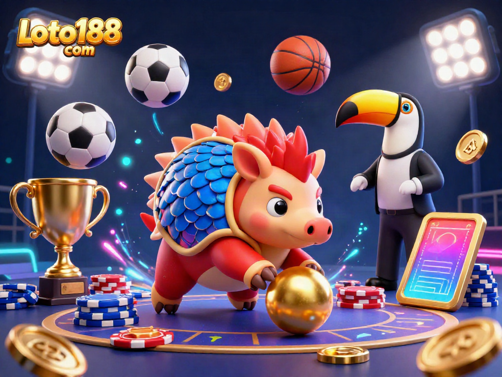 Experience Loto188 com's thrilling online gaming scene with pangolins, poker chips, and vibrant sports elements.