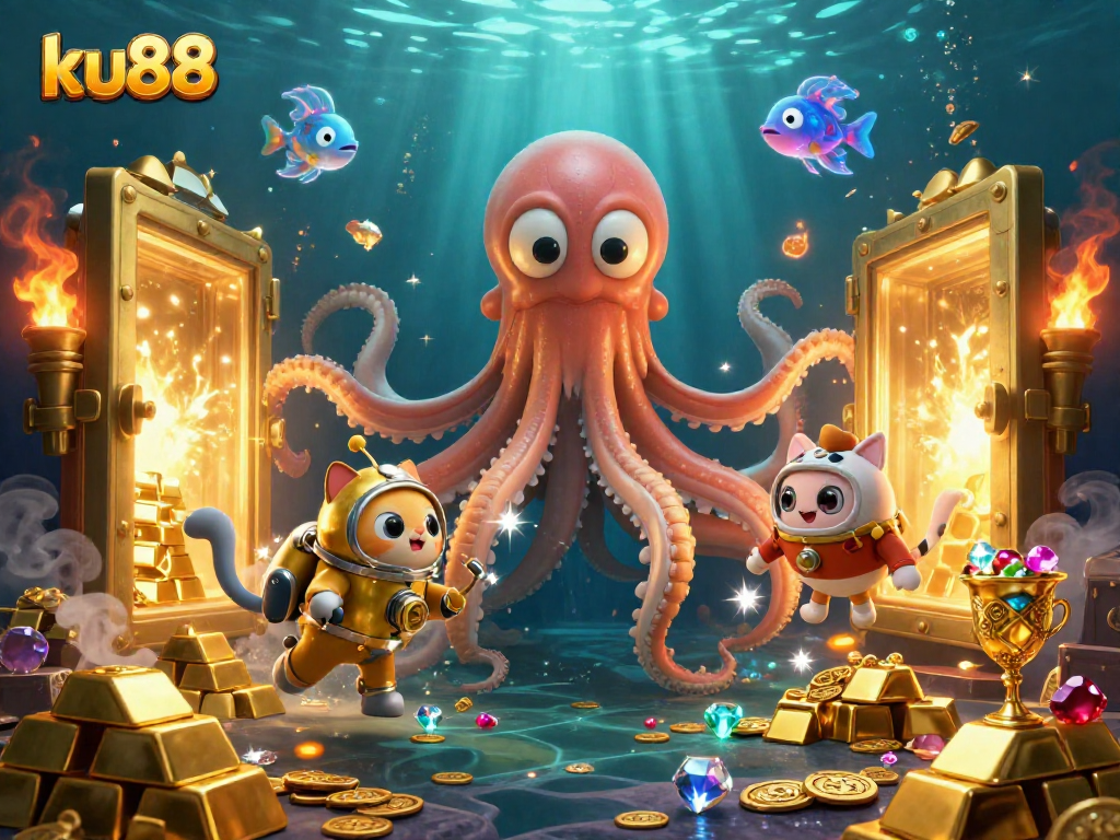Experience excitement with ku88 in a vibrant 3D casino treasure scene filled with gold and gems.