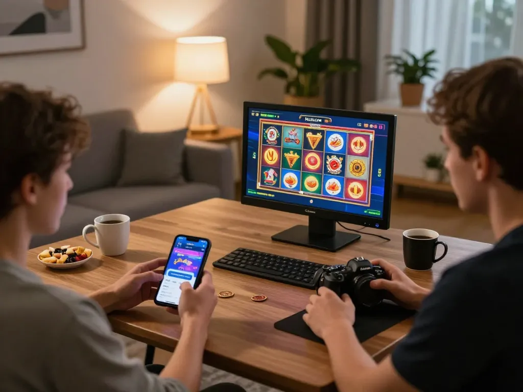 Engaging smartphone gameplay on the NohuVN casino app in a cozy home setting, highlighting online gambling.