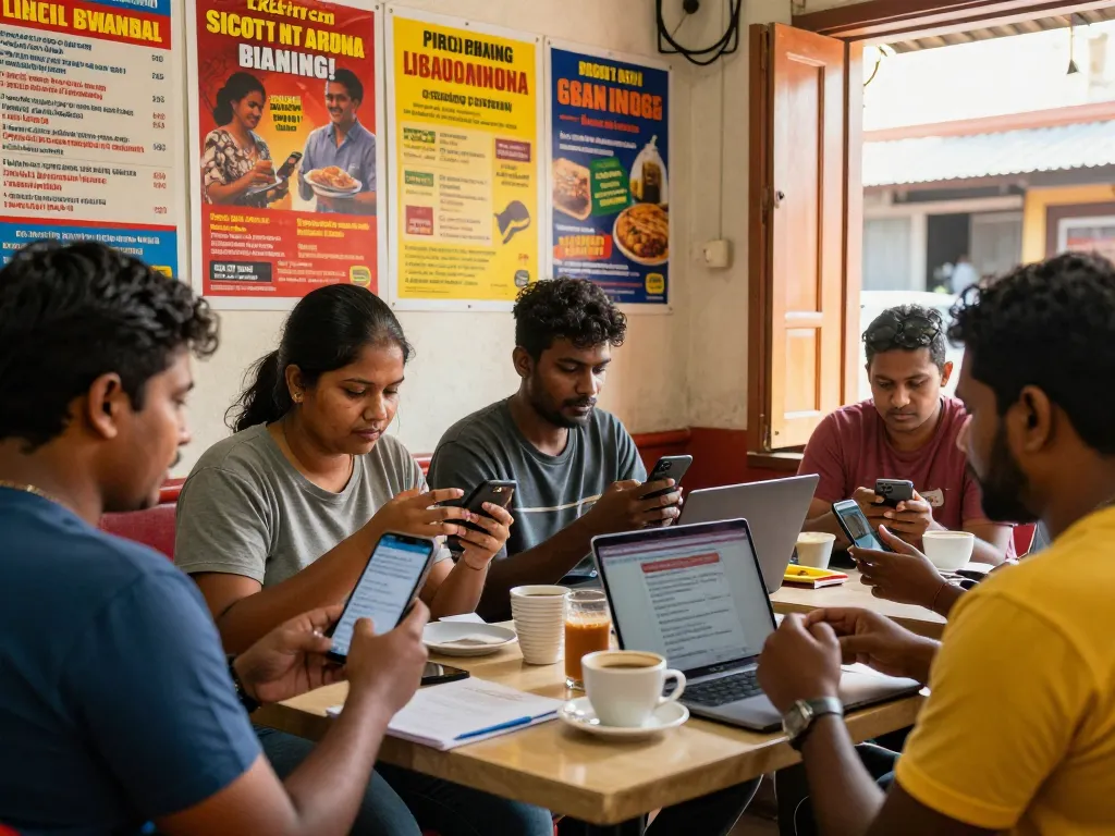 Sri Lanka Ads online marketplace bustling with community members browsing vibrant classified listings on devices.