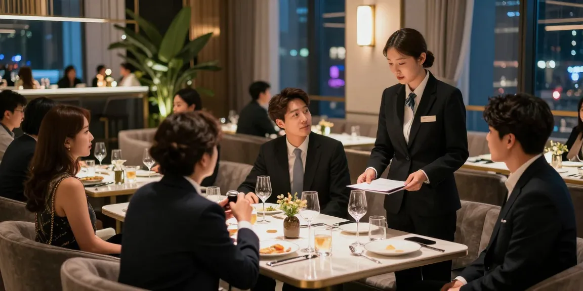 강남블랜딩의 고급스러운 내부와 세련된 조명 아래 손님들이 즐거운 시간을 보내고 있는 모습