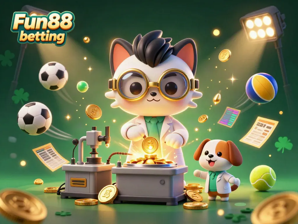 Enjoy Fun88 betting with a vivid dynamic scene featuring a mad scientist cat, gold coins, and sports elements.