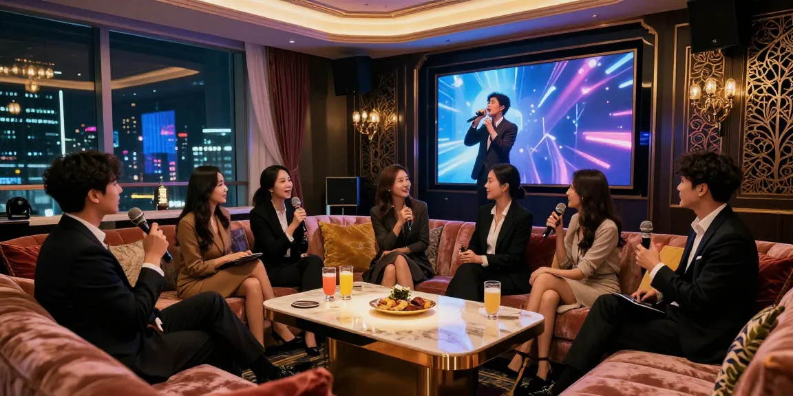 강남쩜오에서 프리미엄 노래방을 즐기는 고객들, 화려한 분위기와 고급스러운 인테리어가 돋보입니다.
