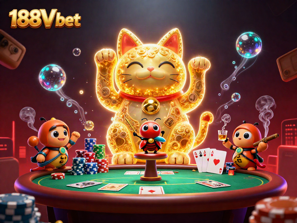 Join the 188V bet adventure with dynamic casino symbols swirling around a lucky cat.
