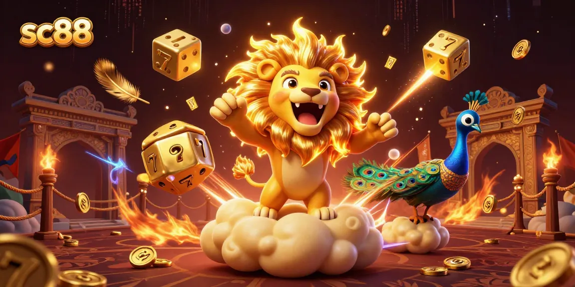 Experience the thrill of sc88 gaming with golden dice and vibrant casino elements in a 3D illustration.