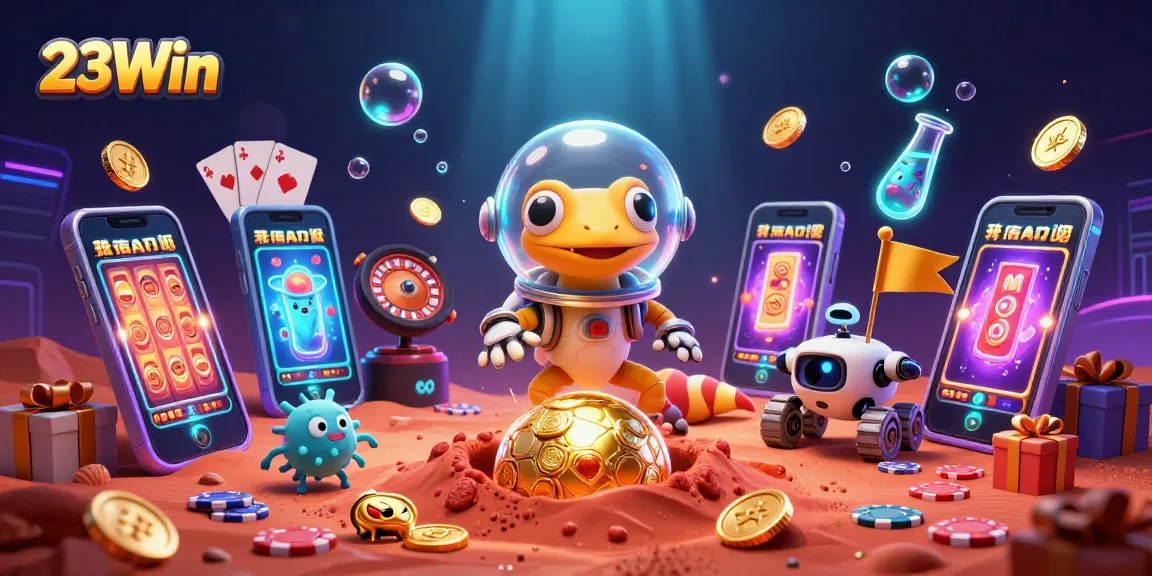 Experience the excitement of 23Win in a vibrant Martian casino scene filled with games and treasures.