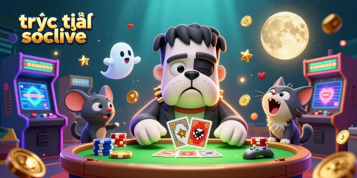 Experience live football action on trực tiếp socolive with a vibrant 3D illustration showcasing a monster dealer and gaming elements.