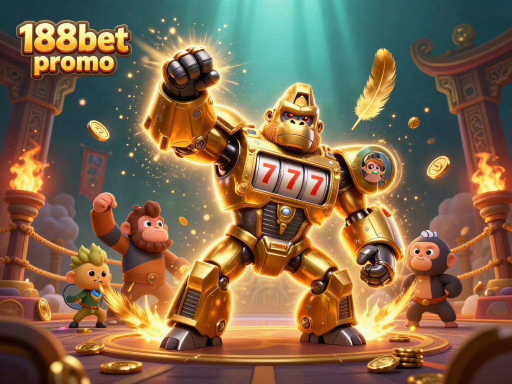 Experience exciting action with 188bet promo as a golden gorilla mech punches through coins and dynamic gambling elements.
