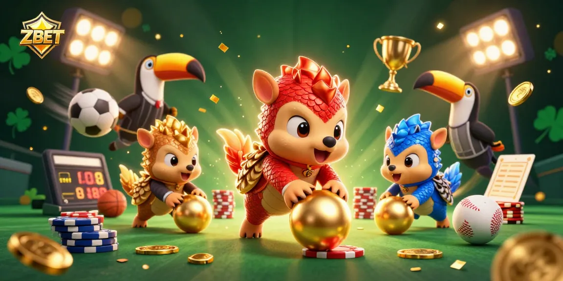 ZBET pangolins in armor compete, rolling golden balls among poker chips in vibrant casino scene.