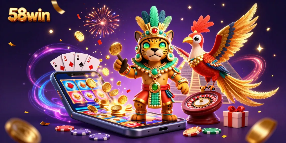 Experience thrilling casino action with 58win's vibrant 3D illustration showcasing exciting game elements.