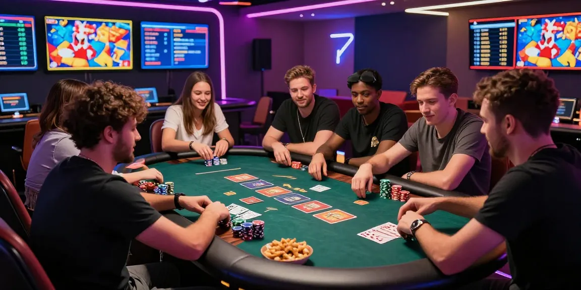 Exciting online casino gaming experience at go99 with friends enjoying card games and vibrant neon lights.