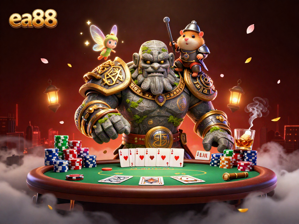 ea88 ignites magic through a golem and knight duo at a bustling poker scene